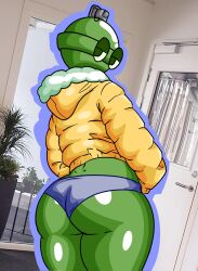1girls ass ass_focus bald bald_female blue_panties chetoh door female female_focus female_only for_a_head green_skin grenade gwen_boomhilda hands_in_pockets jacket looking_at_viewer looking_back looking_back_at_viewer no_mouth object_head oc original original_character panties photo_background rear_view yellow_jacket_(clothing)