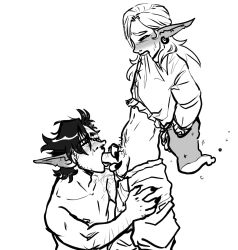 biting_shirt blowjob clank_banger dnd_character dnd_oc drow_male elf_male goblin_male hands_behind_back hands_held hands_tied_behind_back improper_use_of_mage_hand male_only sharp_fingernails yennik_the-elf