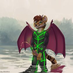 1:1 anthro beard bodily_fluids brown_hair cheetah clothing dishka facial_hair felid feline fur genital_fluids green_eyes hair hi_res horn hybrid king_cheetah krilinus_sixus lake male mammal outside peeing reflection rubber rubber_suit solo urine water wings