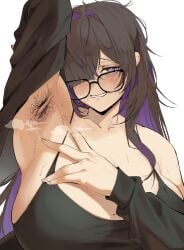 1girls armpit_fetish armpit_hair armpits arms_up female female_only glasses goddess_of_victory:_nikke hairy hairy_armpits huge_breasts label_(nikke) messy_hair nyahpa20 presenting_armpit solo steam steaming_body steamy_armpits sweat sweaty sweaty_armpits