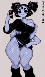 ai_generated arachnid blue_hair breasts cameltoe large_breasts muffet panties pulling_panties purple_body pussy selfie thick_thighs