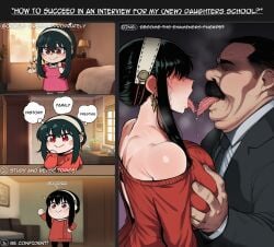 1boy 1girls ai_generated big_breasts black_hair blush cheating cheating_wife chibi drool drooling english english_dialogue english_text fat_male groping groping_breasts hidden_eyes jazzifu kissing light-skinned_female light-skinned_male meme meme_reference moustache murdoch_swan netorare plot porn_with_plot red_eyes saliva self_upload spy_x_family story sweat text tongue tongue_kiss ugly_bastard ugly_man yor_briar