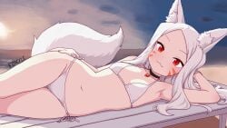 1girl 1girls beach fox_ears fox_girl fox_tail foxyle red_eyes sewayaki_kitsune_no_senko-san shiro_(sewayaki_kitsune_no_senko-san) small_breasts smug smug_face smug_smile solo sunset swimsuit white_fur white_hair
