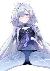 :o absurdres albino arm_at_side beef_stroganof black_panties bracelet breasts clothes_lift colored_eyelashes commentary_request cowboy_shot crystal_shards earrings expressionless female gold_bracelet gold_ring gradient_clothes gradient_shirt hair_intakes hair_ornament hair_over_one_eye halo highres id_card jacket jellyfish_cut jewelry large_variant_set leg_tattoo lifting_own_clothes light_blush long_hair looking_at_viewer mornye_(wuthering_waves) no_pants open_clothes open_jacket pale_skin panties parted_lips partial_commentary presenting purple_shirt red_eyes ring see-through_body shirt shirt_lift short-sleeved_jacket short_sleeves simple_background sitting small_breasts solo spread_legs tacet_mark_(wuthering_waves) tattoo thighs triangle_earrings triangle_hair_ornament underwear uterus variant_set very_long_hair white_background white_eyelashes white_hair white_jacket wuthering_waves x-ray