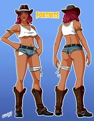 1girls 2018 armband ass back_view belt big_ass blue_background boots breasts brown_eyes calamity_(fortnite) chancero clothed collarbone copyright_name cow_girl cowboy_boots cowboy_hat cowgirl crop_top daisy_dukes dark-skinned_female dark_skin dat_ass dated denim_shorts farmer farmgirl female female_only footwear fortnite front_view full_body gradient_background hands_on_hips hat highres human knee_boots kneepits large_breasts legband looking_at_viewer magenta_hair midriff multiple_views navel nipple_bulge short_hair short_shorts shorts signature skimpy solo standing tank_top underboob