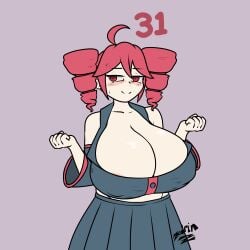1girls aged_up ahoge animated black_shirt black_skirt blush bouncing_breasts cleavage drill_hair female grey_background half-closed_eyes huge_breasts hyper_breasts kasane_teto long_hair mature_female milf red_eyes red_hair smile solo standing twintails utau w_arms zedrin
