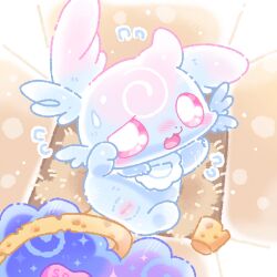 1:1 bib blue_bib blue_body blush blush_lines bodily_fluids female feral fluffy fluffy_tail flustered genitals goo_creature gradient_body hi_res lying on_back pink_sclera pink_vulva slime-chan_(waruwaru0205) small_nose soap soap_bar solo sparkles sponge spread_legs spreading sweat sweatdrop tail vulva waruwaru0205