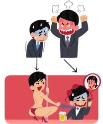2boys 2d anger_vein angry angry_expression arrow ass atomiksaico back_view beer beer_mug before_and_after black_hair blobslimey blue_tie bra bra_on_head braless business_suit closed_eyes edit edited embarrassed gay glass grabbing_tie heels high_heels instant_loss_2koma irasutoya irasutoya_boss_meme looking_at_another open_mouth panties phone phone_call pole pole_dancing purple_tie red_background red_bra red_heels red_high_heels red_panties red_underwear shake_lines shaking short_hair simple_background smile sweat sweatdrop third-party_edit tie white_background worried worried_expression