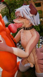 3d_(artwork) absurd_res animal_genitalia animal_penis anthro anthro_on_anthro arms_around_torso ashwolfe ashwolfie balls big_balls black_claws blender_(artwork) blue_clothing blue_hair blue_legwear blue_thigh_highs bodily_fluids brown_body brown_fur canid canine canine_genitalia canine_penis canis chain chain_collar claws close-up clothing collar collar_chain cum cum_drip cum_in_mouth cum_inside cum_on_tongue deep_throat depth_of_field detailed detailed_background detailed_fur digital_media_(artwork) domestic_dog dripping drooling duo eyes_closed fellatio femboy floppy_ears fluffy fluffy_tail fur garden genital_fluids genitals grass hair hi_res kneeling larger_male leash legwear light male male/male male_penetrated male_penetrating male_penetrating_male mammal markings messy muscular muscular_anthro muscular_male nude open_mouth oral oral_penetration orange_body orange_fur outside penetration penile penis penis_in_mouth plant red_body red_fur rexouium saliva sex shadow size_difference smaller_male standing stone_path sunlight tail tan_body tan_fur thigh_highs tongue tuft whiskers white_body white_fur white_hair winterpaw_canine wolf