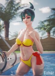 1girls 2026 3d alternate_version_available bikini bikini_bottom bikini_only bikini_top blue_nail_polish breasts female female_only front_view image_set kiriko_(overwatch) kiriko_kamori legs_apart long_hair medium_breasts nail_polish navel nude_version_available outdoors overwatch overwatch_2 painted_nails poll solo standing standing_in_water strapless_bikini submerged_legs takerskiy teal_hair tied_hair
