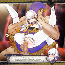 1boy 1girls breasts breasts_out english_text faceless_male fire_emblem fire_emblem:_three_houses full_nelson large_penis larger_male legs_held_up legs_up lysithea_von_ordelia mrbudguy nintendo nude_male pink_eyes ripped_clothing ripped_pantyhose sex steamy_breath text text_box torn_clothes torn_pantyhose vaginal_penetration white_hair