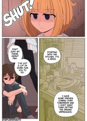 1boy 1girls abuse beauty_mark blonde-haired_female blonde_female blonde_hair color comic defeated disguise ellie_skinsuit emotional_expression english_text female genderswap genderswap_(mtf) home humiliated imposter impunderneath interrupted kitchen kitchen_utensils male_in_female_body maria_(impunderneath) mature_female mature_woman milf mole_under_eye mother mother_and_son narrowed_eyes netorare original original_character perfect_disguise possessed possession purple_eyes short_hair sitting_on_floor skinsuit weak_male white_hoodie younger_male