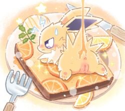 2026 angry anus ass black_inner_ear blush bodily_fluids body_blush bolt_emanata bread chibi colored cutlery digital_drawing_(artwork) digital_media_(artwork) eeveelution emanata female feral food food_fetish food_play fork fruit fur generation_1_pokemon genitals hi_res honey_(food) honey_on_body jolteon kitchen_utensils knife lemon liquid looking_back nintendo on_food orange_(fruit) pawpads plant plate pokemon pokemon_(species) pouring pouring_liquid purple_sclera silverware size_difference sketch smaller_female solo sparkles star_symbol sweat sweatdrop tools vulva vulva_blush waruwaru0205 yellow_body yellow_ears yellow_fur yellow_paws