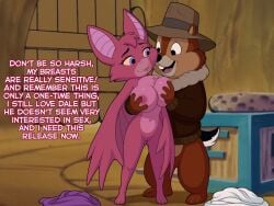 anthro areola bat breast_grab breasts brown_body brown_fur buckteeth cheating_girlfriend chip_'n_dale_rescue_rangers chip_(disney) chipmunk clothing coat dialogue digital_media_(artwork) disney duo english_text feet female foxglove_(cdrr) fur genitals ground_squirrel hair hand_on_breast hat headgear headwear infidelity looking_pleasured male male/female mammal membrane_(anatomy) membranous_wings navel nipples nude open_mouth rodent sciurid sfan smile squirrel standing tail teeth text toes topwear undressed vulva wings