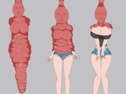 1girls belt big_breasts black_shirt blackflower9687 blue_shorts breasts cleavage denim denim_shorts eaten eaten_alive feet_out_of_frame female_prey grey_background monster off-shoulder_shirt off_shoulder original shirt shorts simple_background soft_vore sucking swallowed swallowed_whole swallowing vore white_belt worm