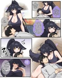 1boy 1boy1girl 1girls azur_lane bare_shoulders breasts casual_clothes comic commander_(azur_lane) commission cute cute_face dark_purple_hair droopy_ears facial_markings fox_ears fox_girl fox_tail golden_eyes headpat headpats kissing_forehead kitsune kulojawa lap_pillow large_breasts lying_on_lap lying_on_person manga musashi_(azur_lane) officer_uniform patting_head ponytail purple_hair safe safe_for_work sfw shorts sleeping tank_top wholesome yellow_eyes
