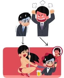 2boys 2d anger_vein angry angry_expression arrow ass atomiksaico back_view beer beer_mug before_and_after black_hair blue_tie bra bra_on_head braless breasts business_suit closed_eyes doodlewill edit edited embarrassed glass grabbing_tie heels high_heels instant_loss_2koma irasutoya irasutoya_boss_meme long_hair looking_at_another open_mouth panties phone phone_call pole pole_dancing purple_tie red_background red_bra red_heels red_high_heels red_panties red_underwear shake_lines shaking short_hair sideboob simple_background smile sweat sweatdrop third-party_edit tie white_background worried worried_expression