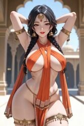 ai_generated architecture armlet armpits arms_behind_head asian_architecture bell_earrings black_hair blurred_background blurry_background criss-cross_halter dancer dancer_outfit drapery_(clothing) earrings embroidery fabric female forehead_jewelry grok indian indian_female jewelry light-skinned_female light_skin lipstick low_tied_hair orange_clothing pelvic_curtain revealing_clothes rgomez007 solo_female sunlight tassel temple temple_background thick_thighs thighlet twin_braids underboob wide_hips