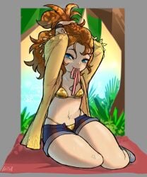 1girls bathing_suit blush final_fantasy_xiv golden_bikini krile_mayer_baldesion_(ff14) lalafell open_clothes open_shirt open_shorts ponytail shorts shortstack small_breasts smile spadegeistalt thick_thighs
