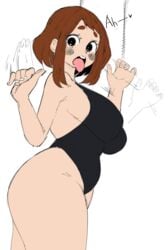 ass big_ass big_breasts blush bob_cut breasts cock_hungry coffing_(artist) eyebrows female flirting handjob_gesture light-skinned_female light_skin looking_at_viewer moaning motion_blur motion_lines my_hero_academia nipple_bulge ochako_uraraka one-piece_swimsuit plain_background sideboob slightly_chubby solo solo_female spoken_heart swimsuit thick_thighs thighs tongue_out underboob waving wide_eyed