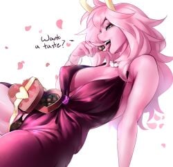 black_lace black_sclera boku_no_hero_academia boku_no_hero_academia_(finale) breasts chocolate cleavage cleavage_dress deep_cleavage dress erect_nipples erect_nipples_under_clothes exposed_panties fit fit_female holic_fz inner_sideboob lace lace_panties large_breasts legs_spread licking licking_candy lipstick looking_at_viewer mina_ashido mina_ashido_time-skip my_hero_academia my_hero_academia_(finale) nipples nipples_visible_through_clothing open_dress panties post-timeskip red_dress saliva seductive seductive_look seductive_pose sensual suggestive_gesture suggestive_look tease teasing teasing_viewer thick_thighs thighs toned toned_female tongue valentine's_day yellow_eyes yellow_horns