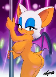 anthro ass bat big_breasts big_butt blush breasts dancing excito female hi_res looking_at_viewer mammal nipples nude pole pole_dancing rouge_the_bat sega signature solo sonic_(series) sonic_the_hedgehog_(series) tail watermark wings
