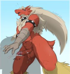 2020 abs anthro armband balls blaziken blush collar genitals glans male male_only nintendo open_mouth penis pokemon pokemon_(species) red_body ricky_(zerofox1000) scuted_arms simple_background spiked_armband spiked_collar spikes video_games zerofox1000