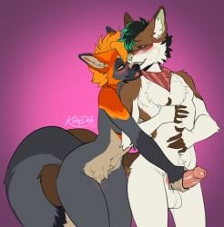 2026 anthro anthro_on_anthro balls biped blush breasts canid canine claws digital_drawing_(artwork) digital_media_(artwork) duo erection female fingers fox fur genitals hair hi_res kittydee male male/female mammal navel nude nude_anthro nude_male penis smile tail teeth tongue