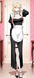 ai_assisted ai_generated apron big_breasts blonde_hair cleavage colored_tips cuffs_(clothing) fishnet_legwear fishnet_stockings fishnets high_heels highres hourglass_figure indoors kitagawa_marin long_hair looking_at_viewer maid maid_apron maid_headdress maid_outfit maid_uniform my_dress_up_darling one_arm_up pink_eyes posing posing_for_the_viewer red_eyes rinomaw slit_dress sono_bisque_doll_wa_koi_wo_suru twintails young_female