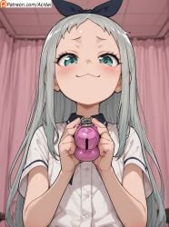 :3 acidai ai_generated angry blend_s blush brat bulge chastity_cage chastity_device cute femboy feminization gay grey_eyes kanzaki_hideri long_hair petite presenting_chastity_cage ribbon sexy_pose shy sissification tight_jeans white_hair yaoi