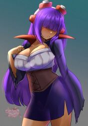 1girls big_breasts black_skirt blunt_bangs blush cleavage clothing female hair_between_eyes hair_over_eyes hand_on_breast hand_up layer mega_man mega_man_x neckline pencil_skirt purple_hair reploid rinku_bny robot_girl skirt solo solo_female