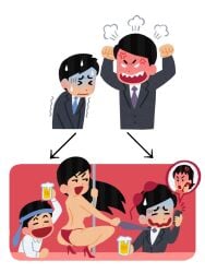 2boys 2d 2girls anger_vein angry angry_expression arrow ass atomiksaico back_view beer beer_mug before_and_after black_hair blue_tie bra bra_on_head braless breasts business_suit closed_eyes embarrassed glass grabbing_tie heels high_heels instant_loss_2koma irasutoya irasutoya_boss_meme long_hair looking_at_another open_mouth panties phone phone_call pole pole_dancing purple_tie red_background red_bra red_heels red_high_heels red_panties red_underwear shake_lines shaking short_hair sideboob simple_background smile sweat sweatdrop third-party_edit tie white_background worried worried_expression