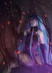 alternate_costume alternate_universe anankos_(fire_emblem) axe azura_(fire_emblem) bare_legs bare_thighs crossed_legs crown evil evil_grin evil_smile eye_color_change female female_focus femsub fire_emblem fire_emblem_fates flame grin grinning intelligent_systems leen legs looking_at_viewer nintendo polearm possessed possession queen red_eyes royal royalty smile smoke thighs very_long_hair weapon