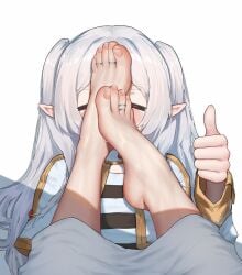 2girls barefoot closed_eyes elf feet feet_in_face female female_only fern_(sousou_no_frieren) foot_fetish foot_focus frieren frieren_beyond_journey's_end jewelry pointy_ears summer_(artist) sweat thumbs_up toe_ring toe_rings toenails toes white_background white_hair yuri