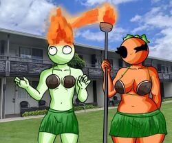 1boy1girl bald bald_female belly belly_button black_eyes breasts burning chetoh cleavage coconut_bra craig_(chetoh) female fire grass_skirt green_body holding_object holding_torch leaf leaf_hair looking_at_viewer looking_up male mandy_(chetoh) oc on_fire orange orange_body original original_character original_characters photo_background smile smiling smiling_at_viewer wink winking winking_at_viewer
