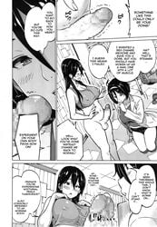 1futa 1girls amorigawa_kaiko amorigawa_mayu black_and_white blush breasts censored clothing comic dialogue doujinshi erection female futanari kneeling labcoat monochrome mosaic_censoring open_mouth penis precum sanagi_torajirou short_hair sisters speech_bubble text throbbing