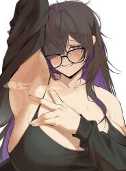 1girls armpit_fetish armpits arms_up female female_only glasses goddess_of_victory:_nikke huge_breasts label_(nikke) loser messy_hair nyahpa20 presenting_armpit smell smelly_armpits solo steam steaming_body steamy_armpits sweat sweaty sweaty_armpits