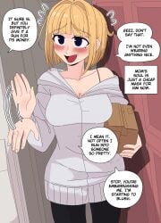 1girls awkward_smile beauty_mark big_breasts blonde-haired_female blonde_female blonde_hair blush breasts cleavage color comic curvy_figure deception disguise ellie_skinsuit english_text evil_smile false_smile female freckles_on_breasts genderswap genderswap_(mtf) home imposter impunderneath interrupted male_in_female_body maria_(impunderneath) mature_female mature_woman milf mole_under_eye mother original original_character package perfect_disguise possessed possession purple_eyes short_hair short_shirt skinsuit solo solo_female solo_focus waving waving_hand white_hoodie