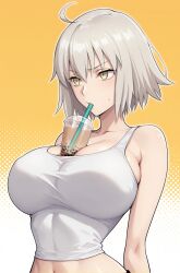 1girl 1girls ai_generated cleavage cup drink fate/grand_order fate_(series) jeanne_alter large_breasts midriff short_hair straw tagme white_hair white_shirt yellow_eyes