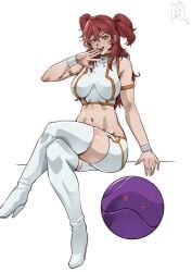 absurdres arm_strap arrogant artist_logo bad_haro bare_shoulders bitch bitchy boots breasts commentary commission covered_collarbone crop_top crossed_legs earrings english_commentary female female_villain full_body ginger_hair groin gundam_00 hair_between_eyes highres impossible_clothes impossible_shirt jewelry large_breasts logo long_hair looking_at_viewer midriff mobile_suit_gundam navel nena_trinity open_mouth porukima red_hair redhead redhead_female redheaded_female second-party_source shirt short_shorts shorts sidelocks simple_background sitting smile solo_focus teeth thigh_boots tongue tongue_out two_side_up upper_teeth_only villainess white_background white_boots white_shirt white_shorts wristband yellow_eyes