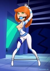 1girls 2013 alternate_costume arms_up ball_gag blue_ball_gag bodysuit bondage disney disney_channel drew_gardner exposed_breasts female gag gagged green_eyes kim_possible kimberly_ann_possible nipples open_clothes red_hair solo spreader_bar