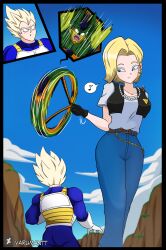 1girls 3boys alien alien_boy android_18 anime bio-android bio-android_(dragon_ball) blonde-haired_female blonde_female blonde_hair cell cyborg cyborg_girl dragon_ball dragon_ball_z extreme_size_difference female female_focus giantess krillin kuririn light-skinned_female light_skin male manga parody playful playful_smile reference saiyan saiyan_male semi-perfect_cell size_difference socks varumantt vegeta