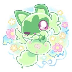 1:1 anus anus_blush blush body_blush chibi colored digital_drawing_(artwork) digital_media_(artwork) domestic_cat felid feline felis female feral floppy_ears flower fluffy fluffy_tail fur generation_9_pokemon genitals green_body green_ears green_fur green_inner_ear green_paws green_tail mammal nintendo one_eye_closed open_mouth orange_flower paw_pose pawpads pink_eyes pink_flower pink_pawpads plant pokemon pokemon_(species) pose presenting presenting_vulva smile solo sparkles spread_legs spreading sprigatito tail vulva vulva_blush waruwaru0205 wink yellow_flower