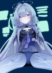 :o absurdres albino arm_at_side beef_stroganof black_panties blue_background bracelet breasts clothes_lift colored_eyelashes commentary_request cowboy_shot crystal_shards earrings expressionless female gold_bracelet gold_ring gradient_clothes gradient_shirt hair_intakes hair_ornament hair_over_one_eye halo highres holographic_interface id_card jacket jellyfish_cut jewelry large_variant_set leg_tattoo lifting_own_clothes light_blush long_hair looking_at_viewer mornye_(wuthering_waves) no_pants open_clothes open_jacket pale_skin panties parted_lips partial_commentary presenting purple_shirt red_eyes ring see-through_body shirt shirt_lift short-sleeved_jacket short_sleeves simple_background sitting small_breasts solo spread_legs tacet_mark_(wuthering_waves) tattoo thighs triangle_earrings triangle_hair_ornament underwear uterus variant_set very_long_hair white_eyelashes white_hair white_halo white_jacket wuthering_waves x-ray