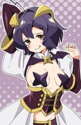 2025 :p armwear corset hi_res hiiragi_utena horns magia_baiser mahou_shoujo_ni_akogarete nipple_pasties noyama_takenoko one_arm_behind_back pasties plus-shaped_pupils purple_hair raised_arm star-shaped_pasties symbol-shaped_pupils yellow_eyes