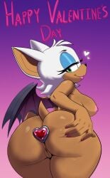 absurd_res anthro ass bat bedroom_eyes big_breasts big_butt breasts buttplug female genitals hand_on_butt hi_res holidays huge_butt looking_at_viewer mammal narrowed_eyes nipples nude plug_(sex_toy) presenting presenting_hindquarters rouge_the_bat seductive sega sex_toy solo sonic_(series) sonic_the_hedgehog_(series) tail tan_body unknown_artist valentine's_day vulva wings