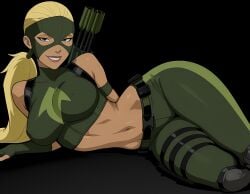 1girls ai_generated archer arm_behind_back arrow_(projectile) artemis_(dc) artemis_crock bare_shoulders belt big_breasts black_background black_belt blonde_female blonde_hair breasts dc dc_comics female_only female_solo fingerless_gloves gloves green_gloves green_mask green_pants green_shirt grey_eyes grin half-closed_eyes heroine holster lips lipstick long_hair looking_at_viewer lying lying_on_side makeup mask midriff naughty_face navel neck on_side pants parted_lips pink_lipstick ponytail quiver sghero1234 shirt simple_background sleeveless sleeveless_shirt sleeveless_turtleneck smile solo_female straight_hair superhero_costume superheroine tied_hair turtleneck turtleneck_shirt very_long_hair young_justice