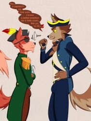 anthro canid canine clothed clothing dialogue digital_media_(artwork) duo dustin_c ear_piercing ear_ring eye_patch eyewear five_nights_at_freddy's fox foxy_(fnaf) fur hair hi_res hook indigo_park male male/male mammal open_mouth piercing pirate ring_piercing scottgames simple_background skurv_the_coyote_(indigo_park) smile tail teeth text topwear