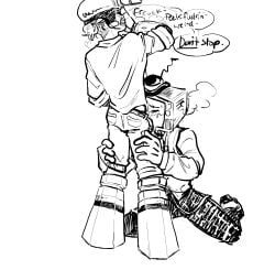 blowjob covering_face gunshow_(smg4_ship) hands_on_thighs male_only mr._puzzles mr._wpnz non-human on_knees prosthetic_limbs smg4