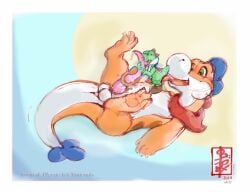 2boys anal bodily_fluids boots clothing cum dinosaur duo erection fellatio fennec_(artist) feral footwear gay genital_fluids genitals kerchief licking male male/male mario_(series) messy nintendo oral penile penis penis_lick plessie precum prehistoric_species reptile rimming saddle scalie sex shoes size_difference size_play super_mario_3d_world tail tongue yoshi